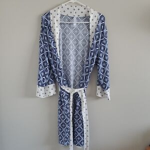 Flora Nikrooz Blue & White Geometric Wide Sleeve Kimono Bath Lounge Robe Sz S